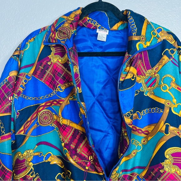 Vintage 90s silk Avon chain print windbreaker jacket zip up sz L - Picture 2 of 5